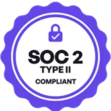 A purple circle with a lock on it that says SOC 2 Type II Compliant.